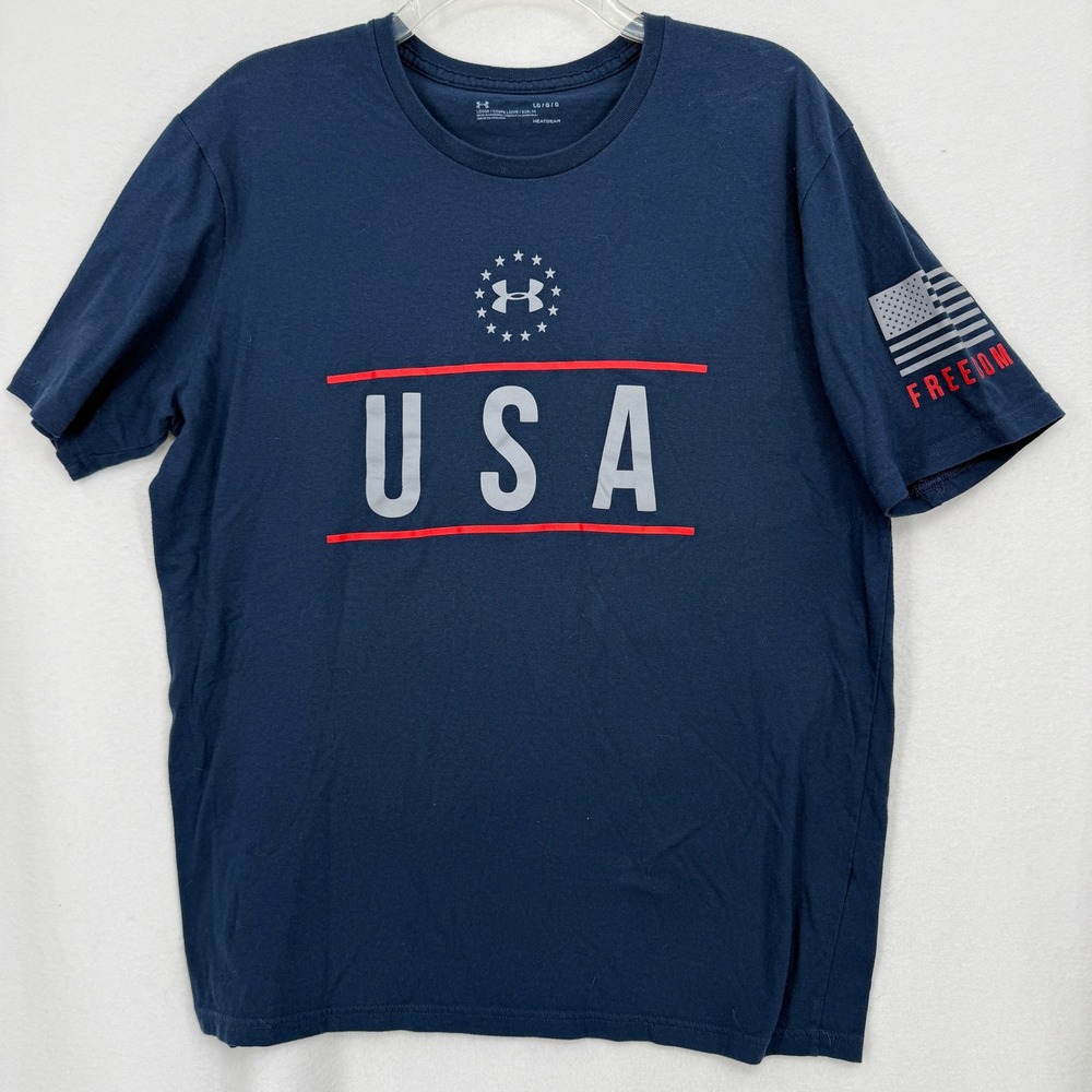 Under Armour USA T-Shirt Mens Large Navy Blue Short Sleeve Freedom Flag 1327555